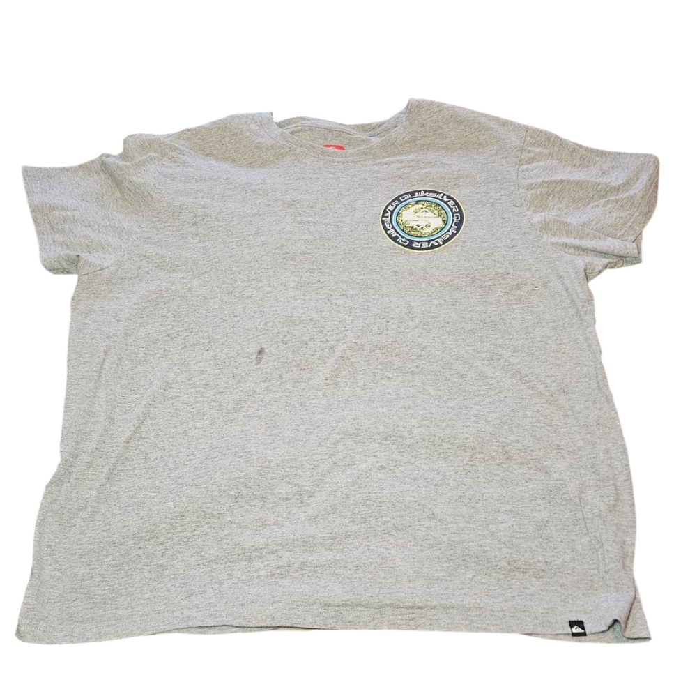Quicksilver 2XL Mens Short Sleeved Gray Shirt, Graphic Logo On Front.